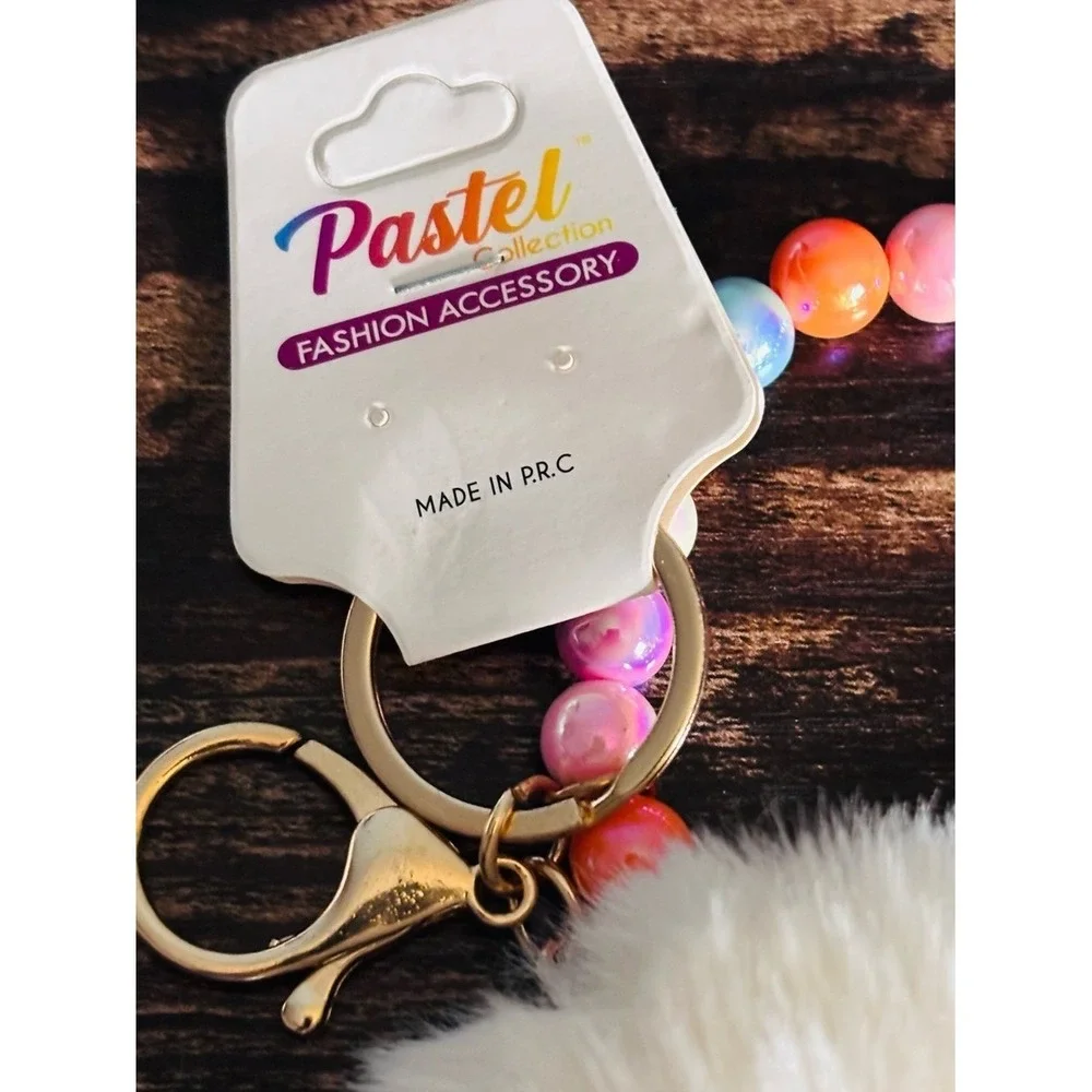 Pastels Multicolor Beaded Keyring with White Pom Pom